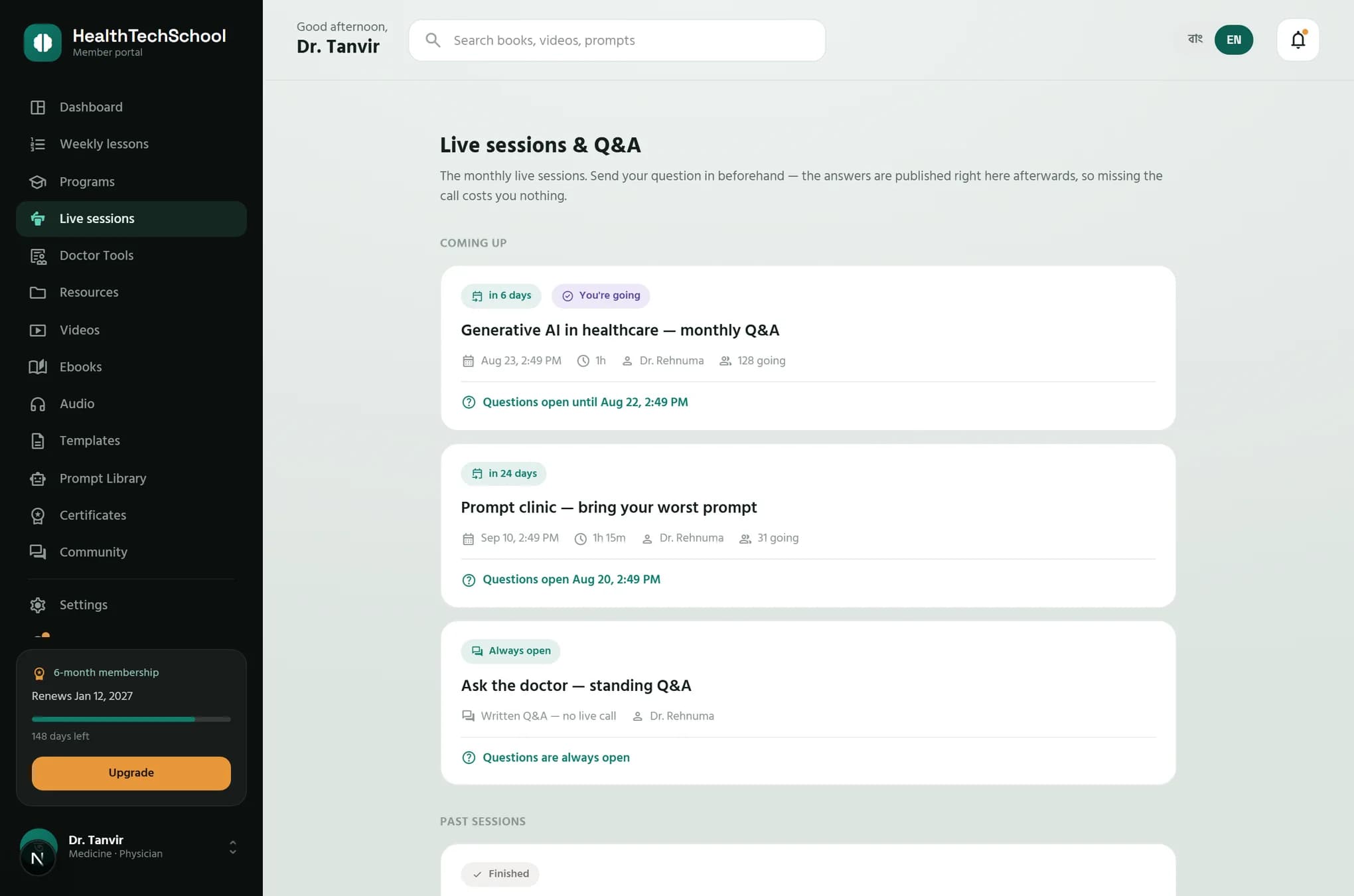 The live sessions list with upcoming calls and a standing written Q&A